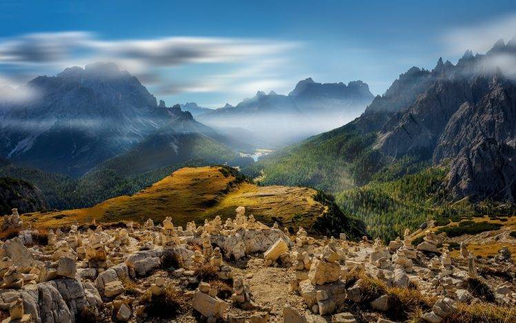 landscape, Nature, Valley, Mist, Mountain, Forest, Italy, Summer HD Wallpaper Desktop Background