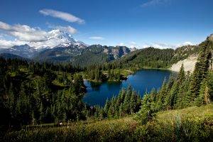 landscape, Nature, Mountain, Lake, Forest, Washington State, Snowy Peak, Grass, Clouds, Shrubs, Blue, Water, Trees