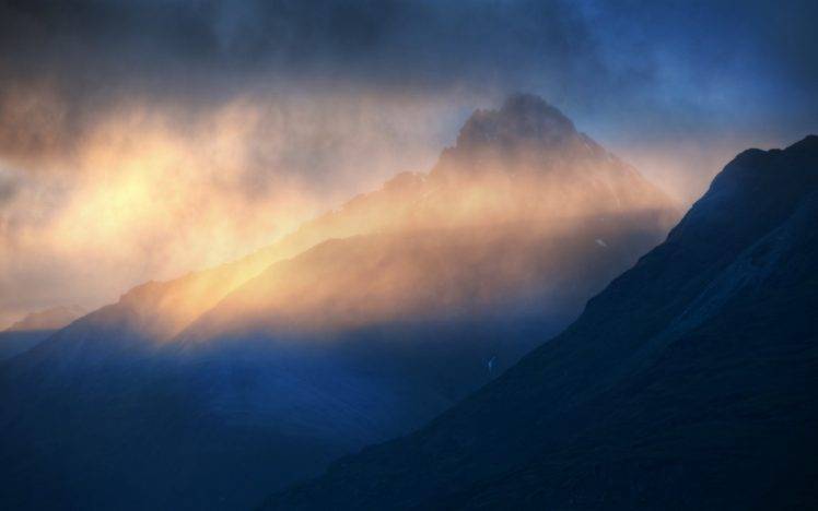 landscape, Nature, Evening, Sunlight, Mountain, Clouds, Mist, Blue, Yellow HD Wallpaper Desktop Background