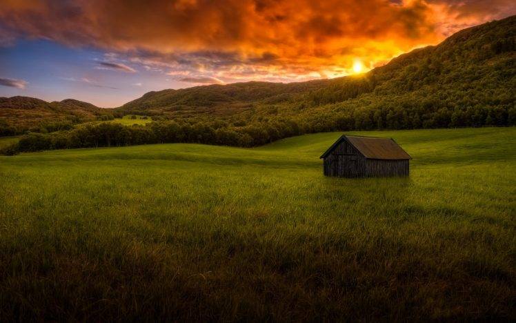 landscape, Nature, Sunset, Mountain, Forest, Grass, Hut, Clouds, Colorful, Sky, Summer HD Wallpaper Desktop Background
