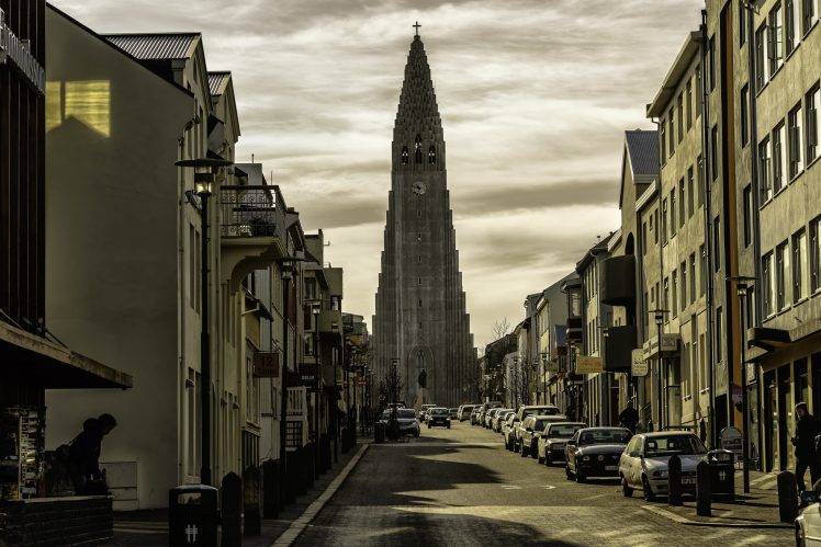 city, Cityscape, Architecture, Building, Clouds, Reykjavik, Capital, Iceland, Street, Church, House, Car, Balconies, Cross HD Wallpaper Desktop Background