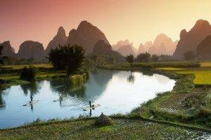 nature, Landscape, Mountain, Hill, Trees, Forest, Water, Sky, Vietnam, Asia, River, Boats, Men, Field, Rice Paddy, Palm Trees