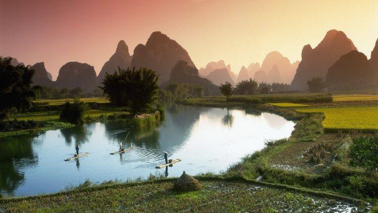 nature, Landscape, Mountain, Hill, Trees, Forest, Water, Sky, Vietnam, Asia, River, Boats, Men, Field, Rice Paddy, Palm Trees HD Wallpaper Desktop Background