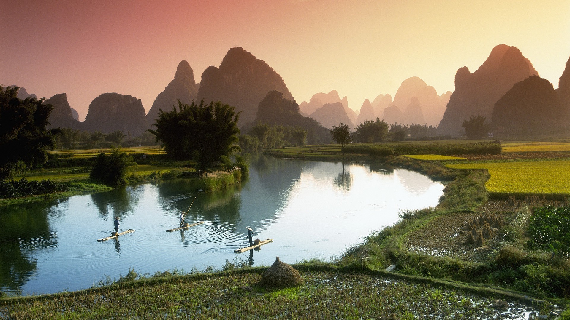 nature, Landscape, Mountain, Hill, Trees, Forest, Water, Sky, Vietnam, Asia, River, Boats, Men, Field, Rice Paddy, Palm Trees Wallpaper