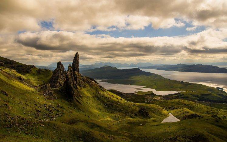 nature, Landscape, Hill, Lake, Clouds, Skye, Scotland, UK HD Wallpaper Desktop Background