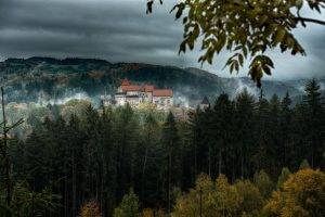 nature, Landscape, Trees, Forest, Pernstejn, Czech Republic, Hill, Castle, Pine Trees, Branch, Leaves, Fall, Mist, HDR, Clouds