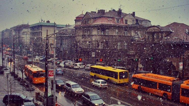 Belgrade, Snow, City, Serbia, Car, Buses HD Wallpaper Desktop Background
