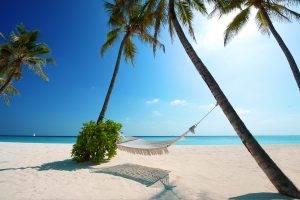 nature, Landscape, Hammocks, Beach, White, Sand, Palm Trees, Sea, Blue, Sky, Maldives, Sunlight, Tropical, Summer
