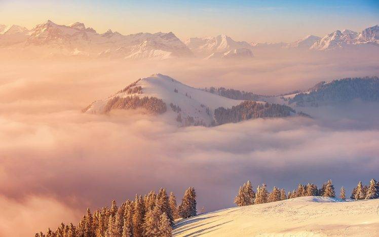 nature, Landscape, Mountain, Mist, Sunrise, Forest, Snow, Trees, Winter HD Wallpaper Desktop Background