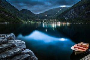 nature, Landscape, Geiranger, Norway, Fjord, Mountain, Clouds, Lights, Evening, Town, Boat, Dock, Blue, Water