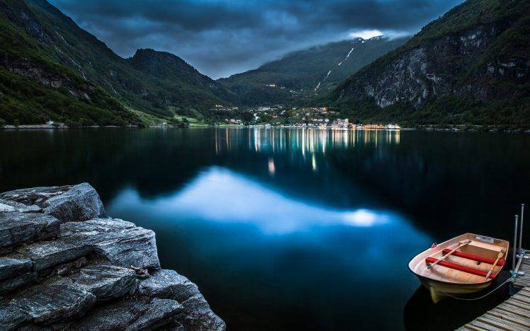 nature, Landscape, Geiranger, Norway, Fjord, Mountain, Clouds, Lights, Evening, Town, Boat, Dock, Blue, Water HD Wallpaper Desktop Background
