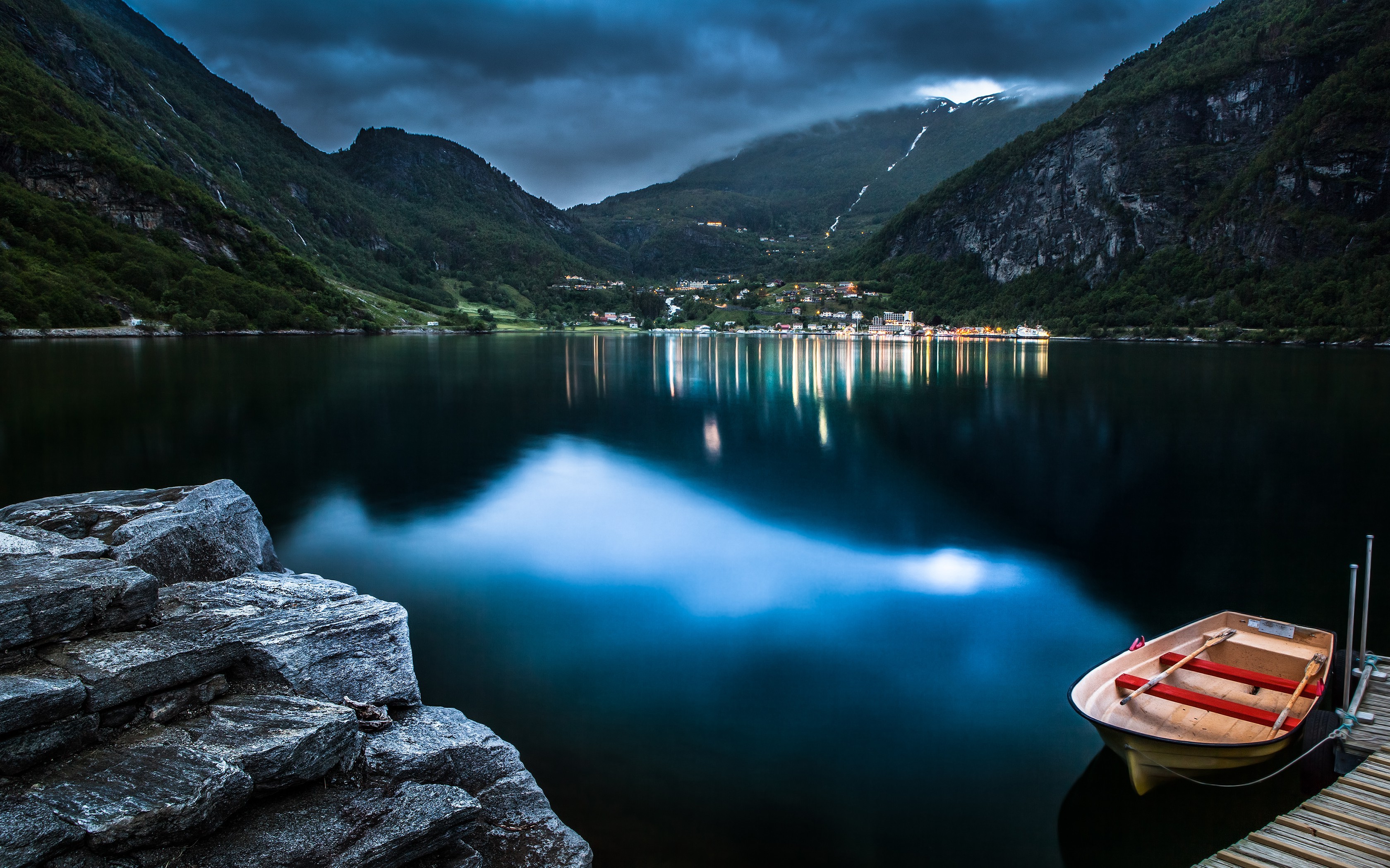nature, Landscape, Geiranger, Norway, Fjord, Mountain, Clouds, Lights, Evening, Town, Boat, Dock, Blue, Water Wallpaper