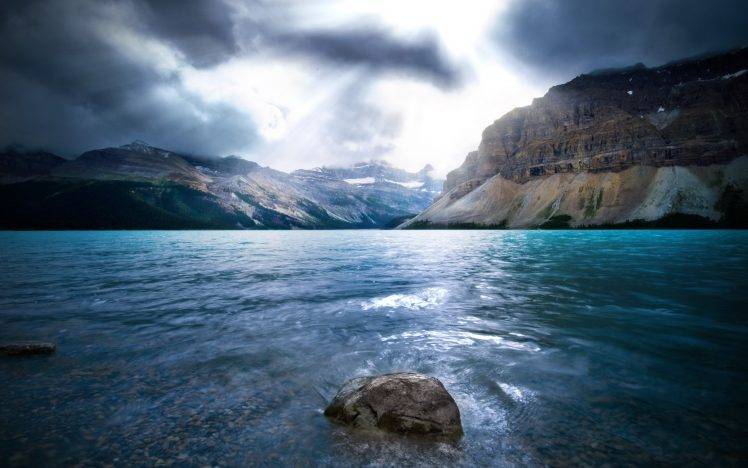 nature, Landscape, Blue, Lake, Mountain, Sun Rays, Clouds, Canada, Water, Summer, Sunlight HD Wallpaper Desktop Background