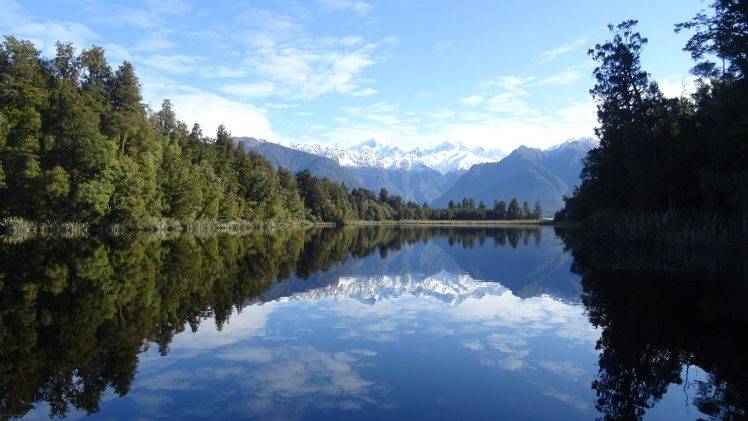 landscape, Lake, Snowy Peak, New Zealand, Lake Matheson, Fox Glacier, Trees HD Wallpaper Desktop Background