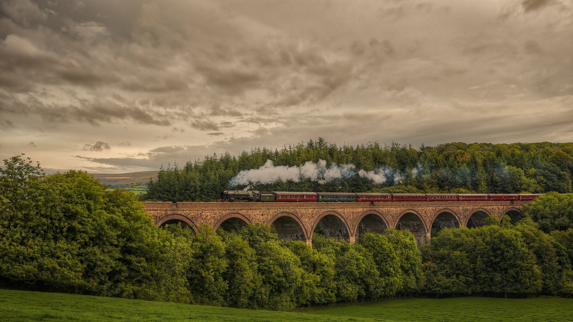 nature, Landscape, Trees, Forest, England, UK, Hill, Sky, Clouds, Viaduct, Bridge, Railway, Train, Steam Locomotive, HDR, Grass, Smoke, Field Wallpaper