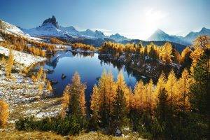 nature, Landscape, Mountain, Sunrise, Forest, Lake, Snow, Fall, Dolomites (mountains), Blue, Water, Trees