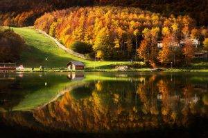 nature, Landscape, Lake, House, Cabin, Mountain, Forest, Fall, Water, Reflection, Grass, Trees