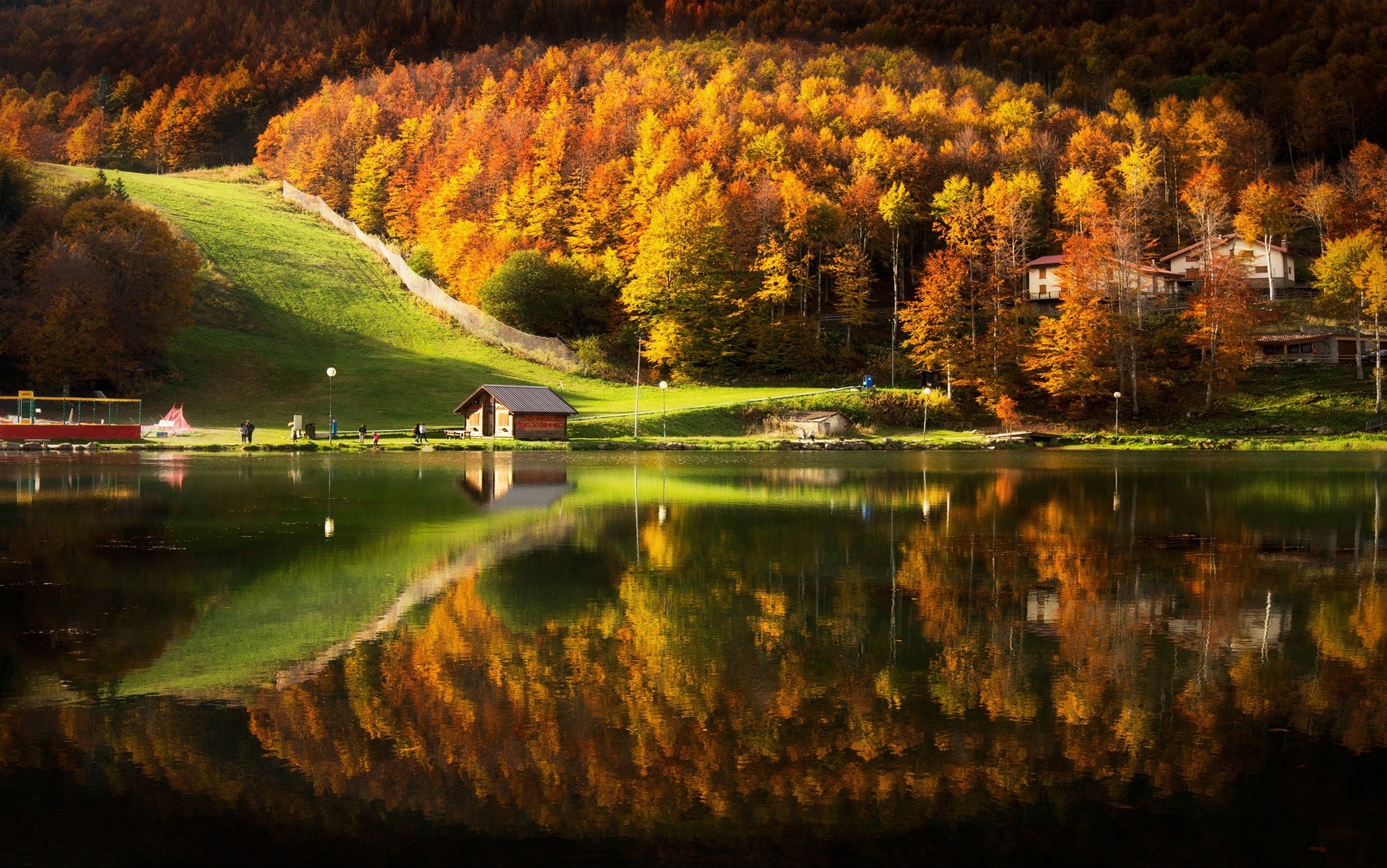 nature, Landscape, Lake, House, Cabin, Mountain, Forest, Fall, Water, Reflection, Grass, Trees Wallpaper