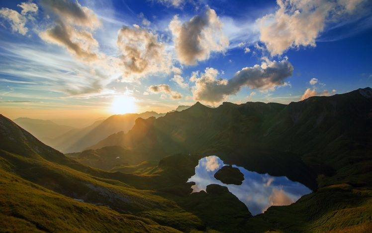 nature, Landscape, Sunset, Mist, Mountain, Lake, Clouds, Sky, Water, Reflection, Sun Rays HD Wallpaper Desktop Background