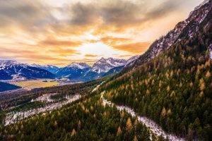 nature, Landscape, Mountain, Forest, Sunset, Fall, Clouds, Alps, Austria, Snow, Sky