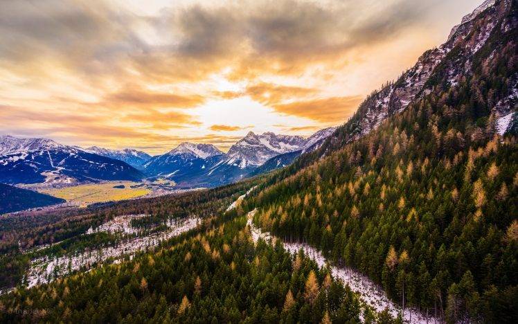 nature, Landscape, Mountain, Forest, Sunset, Fall, Clouds, Alps, Austria, Snow, Sky HD Wallpaper Desktop Background