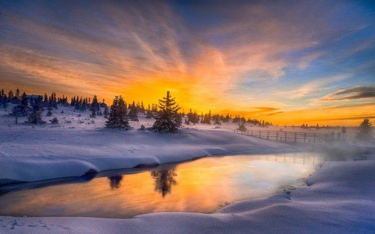 nature, Landscape, Sunrise, Winter, Mist, Sky, Cold, Frost, Trees, Snow, House, River, Clouds, Norway HD Wallpaper Desktop Background