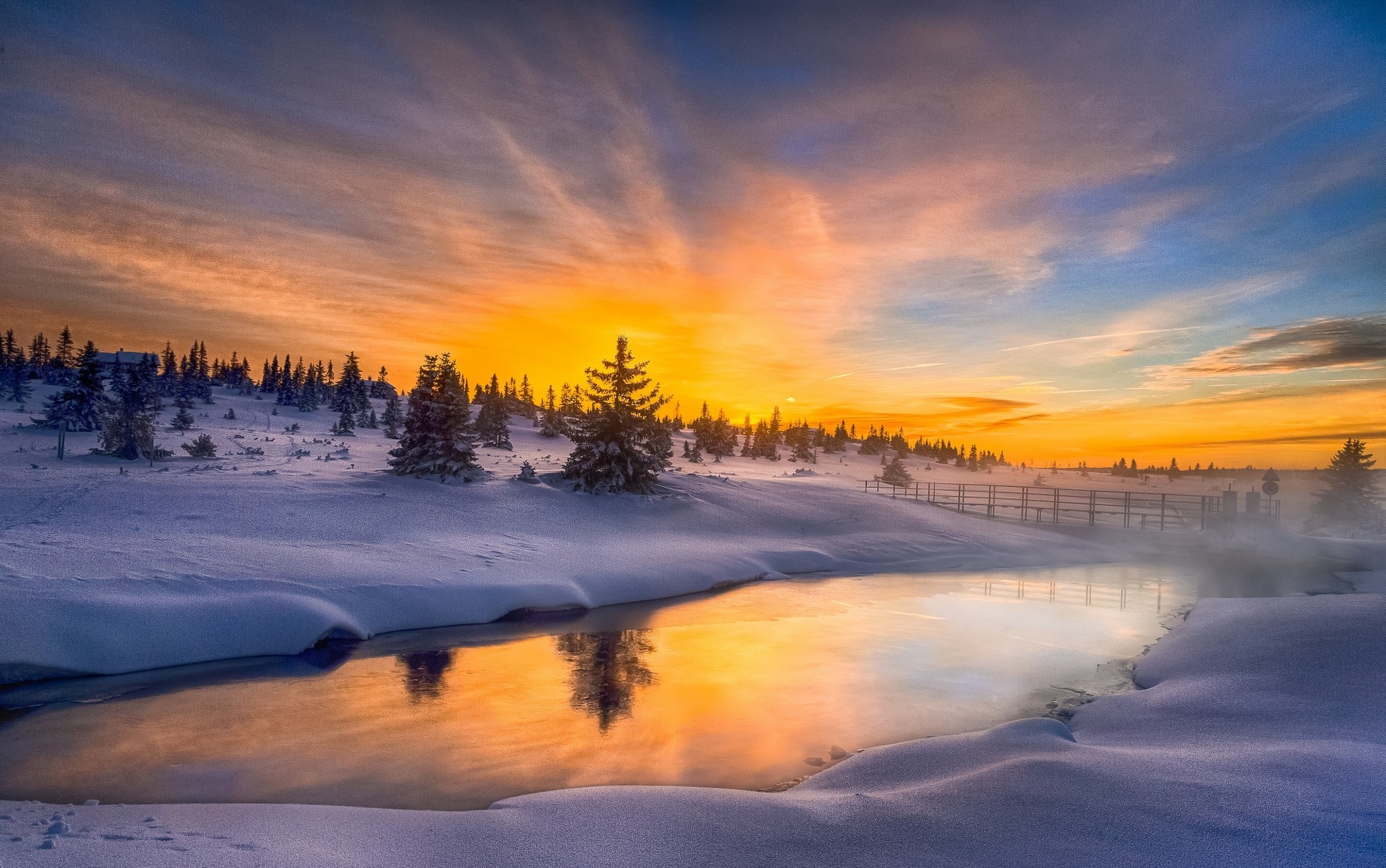 nature, Landscape, Sunrise, Winter, Mist, Sky, Cold, Frost, Trees, Snow, House, River, Clouds, Norway Wallpaper