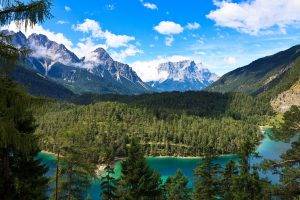 nature, Landscape, Alps, Mountain, Forest, Lake, Turquoise, Water, Clouds, Summer, Trees