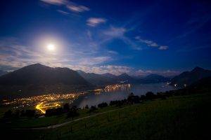 nature, Landscape, Lake, City, Mountain, Lights, Moon, Sky, Clouds, Grass, Switzerland, Stars, Night