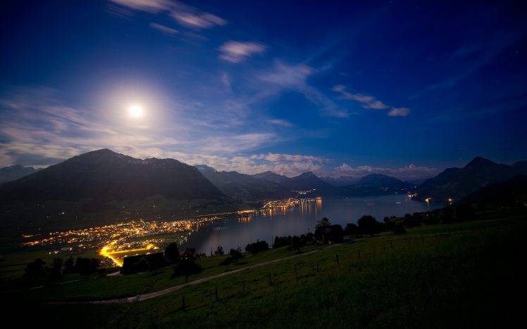 nature, Landscape, Lake, City, Mountain, Lights, Moon, Sky, Clouds, Grass, Switzerland, Stars, Night HD Wallpaper Desktop Background
