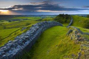 nature, Landscape, England, UK, Hill, Sky, Clouds, Trees, Stones, Hadrians Wall, Roman, History, Grass, Field, Animals, Sheep, Sun, Sunlight