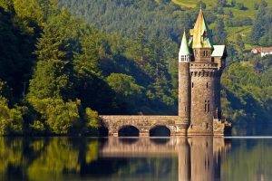 nature, Landscape, Architecture, UK, Hill, Sky, Clouds, Trees, Forest, Vyrnwy Tower, Wales, Castle, Bridge, House, Water, Lake, Reflection, Ancient