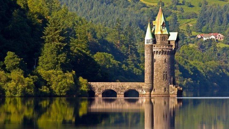 nature, Landscape, Architecture, UK, Hill, Sky, Clouds, Trees, Forest, Vyrnwy Tower, Wales, Castle, Bridge, House, Water, Lake, Reflection, Ancient HD Wallpaper Desktop Background