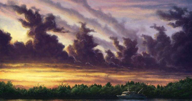 digital Art, Nature, Landscape, Painting, Sky, Sun, Clouds, Trees, Forest, Water, Ship HD Wallpaper Desktop Background