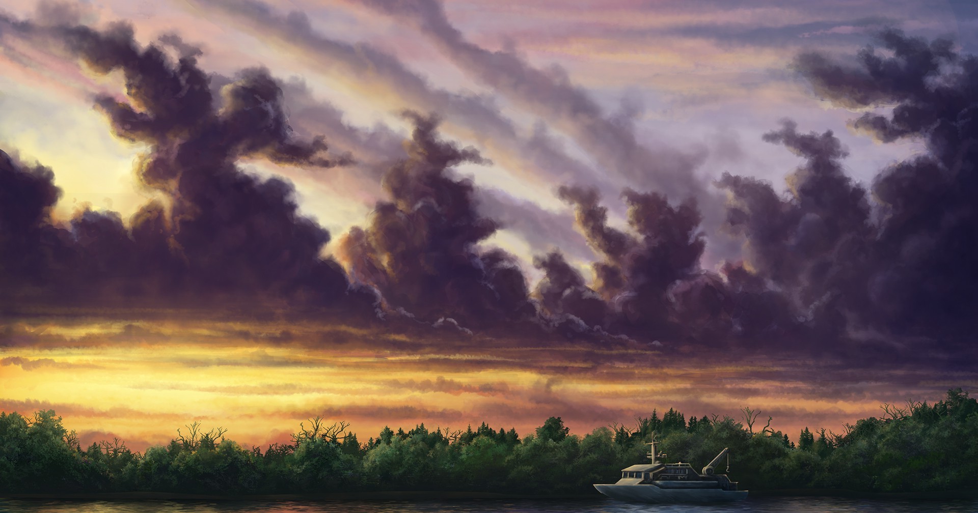 digital Art, Nature, Landscape, Painting, Sky, Sun, Clouds, Trees, Forest, Water, Ship Wallpaper