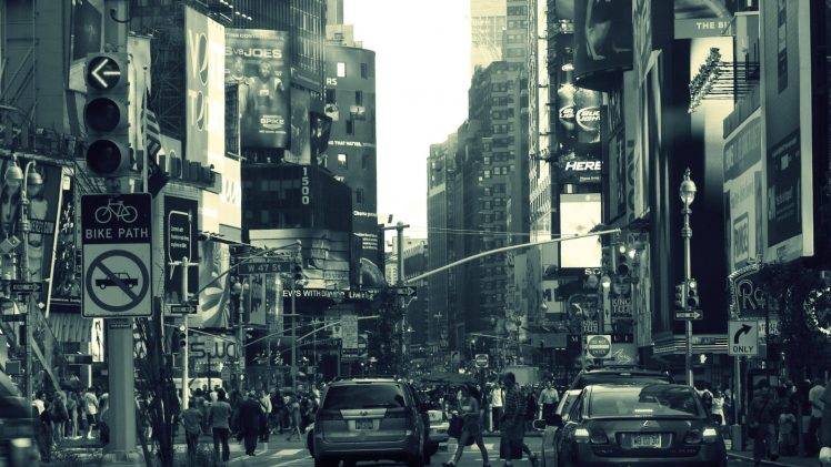 architecture, Monochrome, Building, New York City, USA, Street, Car, People, Crowds, Traffic Lights, Road Sign, Urban, Billboards, Filter HD Wallpaper Desktop Background