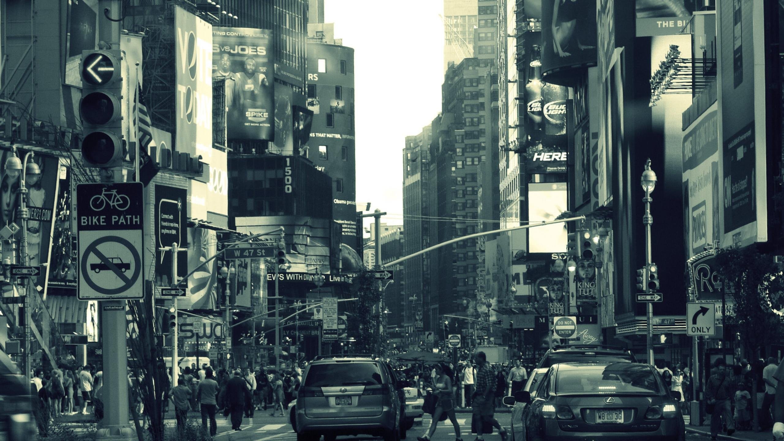 architecture, Monochrome, Building, New York City, USA, Street, Car, People, Crowds, Traffic Lights, Road Sign, Urban, Billboards, Filter Wallpaper