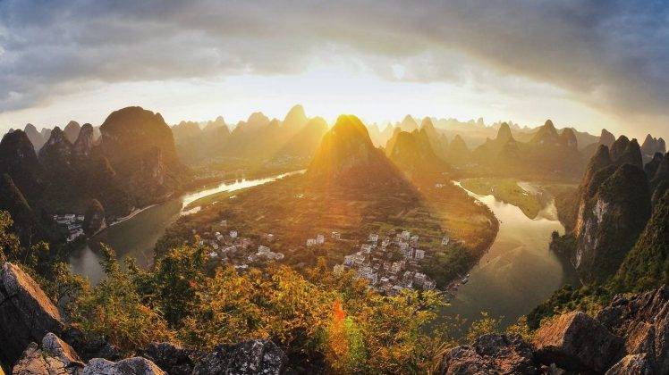 nature, Landscape, Sunlight, River, Sun Rays, Mountain, City, China, Field, Clouds, Shrubs, Sky HD Wallpaper Desktop Background