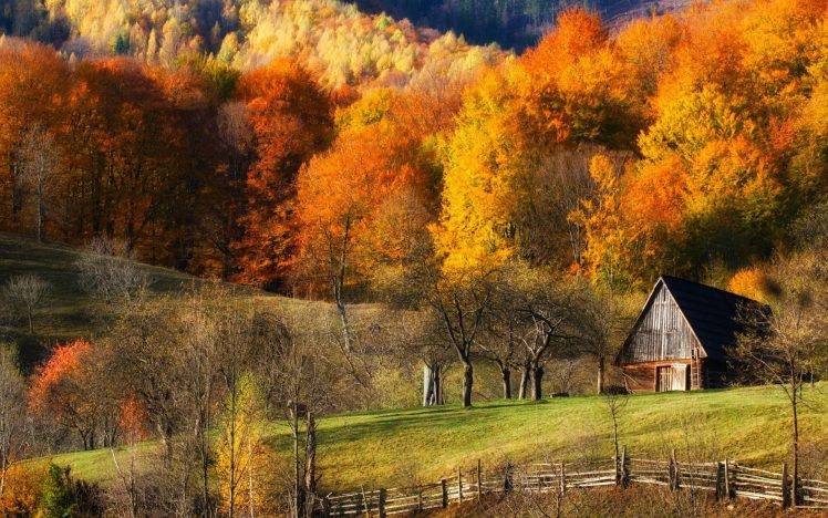 fall, Barns, Nature, Forest, Grass, Hill, Landscape, Trees, Colorful, Fence HD Wallpaper Desktop Background