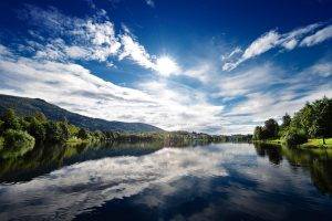 nature, Landscape, Clouds, River, Trees, City, Sunlight, Norway, Reflection