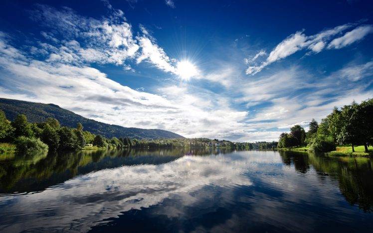 nature, Landscape, Clouds, River, Trees, City, Sunlight, Norway, Reflection HD Wallpaper Desktop Background