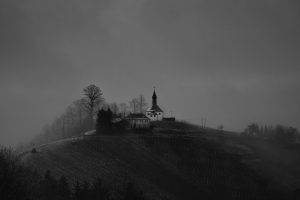 nature, Landscape, Trees, Forest, Hill, House, Church, Winter, Mist, Field, Road, Silhouette, Monochrome