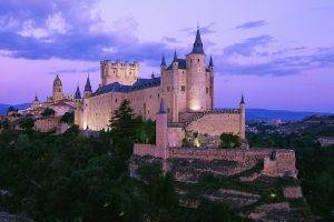 architecture, Nature, Landscape, Castle, Spain, Hill, Trees, Forest, Tower, Ancient, Old Building, Town, Sky, Clouds, Lights