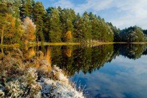 nature, Landscape, Water, Forest, Lake, UK, Scotland, Trees, Shrubs, Reflection, Snow, Fall, Calm