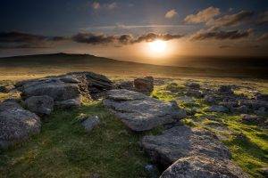 nature, Landscape, Sunset, Hill, Grass, Sheep, UK, Scotland, Clouds, Stones, Sky