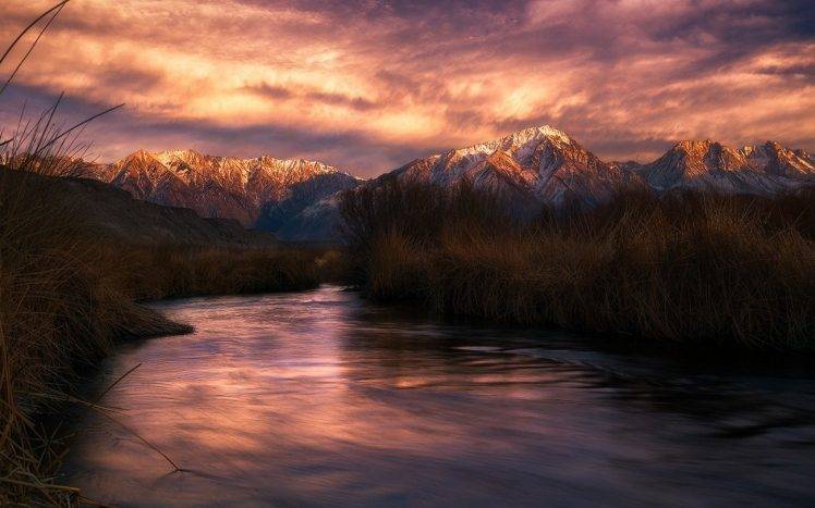 nature, Landscape, River, Mountain, Sunset, Snowy Peak, Shrubs, Clouds, California HD Wallpaper Desktop Background