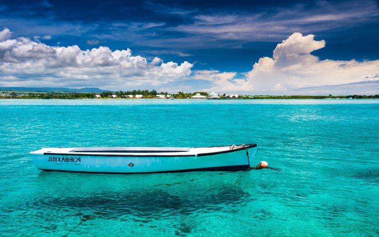 nature, Landscape, Mauritius, Island, Tropical, Sea, Boat, Clouds, Turquoise, Water, Sky, Beach HD Wallpaper Desktop Background