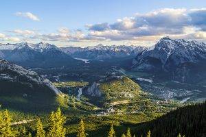 nature, Landscape, Mountain, Valley, Forest, Town, Sunset, Clouds, Banff National Park, Canada, River, Snowy Peak