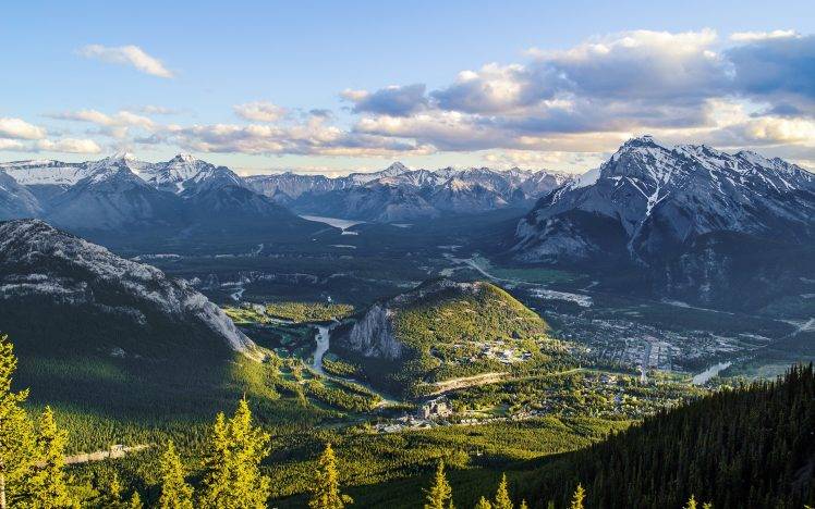 nature, Landscape, Mountain, Valley, Forest, Town, Sunset, Clouds, Banff National Park, Canada, River, Snowy Peak HD Wallpaper Desktop Background