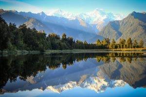 nature, Landscape, Trees, Forest, Hill, Mountain, Sky, New Zealand, Snowy Peak, Water, Lake, Mirrored, Reflection, Sunlight
